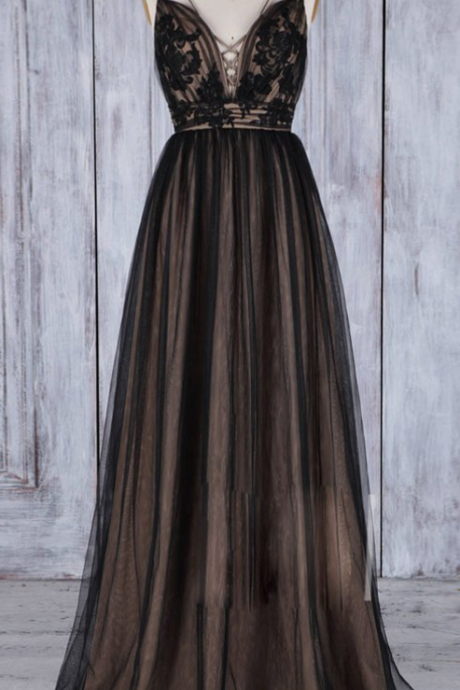 P1495 Black v neck lace tulle long prom dress, black bridesmaid dress