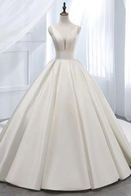 W1497 Women Wedding Shoulder V-neck Satin Simple Trailing Hepburn Bride Wedding Dress