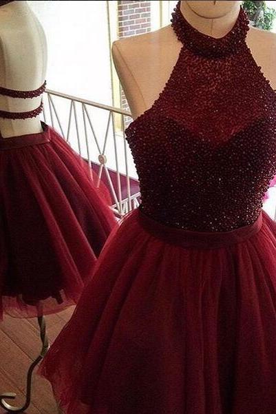 H1500 Burgundy Homecoming Dress,a Line Homecoming Dress,halter Party Dress,beading Short Prom Dress,women Homecoming Dress