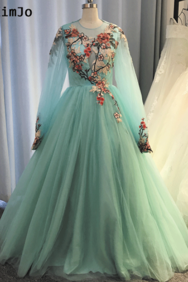 P1509 Turquoise blue prom dresses long embrodiery applique elegant a line tulle prom gown vestidos de fiesta 2020