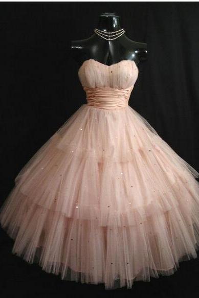 H1527 Vintage 50's Shell Pink Prom Dresses Strapless Layered Tulle Sequins Tea Length Short Homecoming Dress Ball Gown Wedding Party Gowns