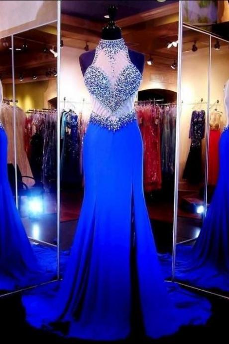 P1528 Royal Blue Mermaid High Neck Prom Dresses With Beaded Crystal Side Split Back Sheer Tulle Rode de Soirre Formal Chiffon Evening Gowns