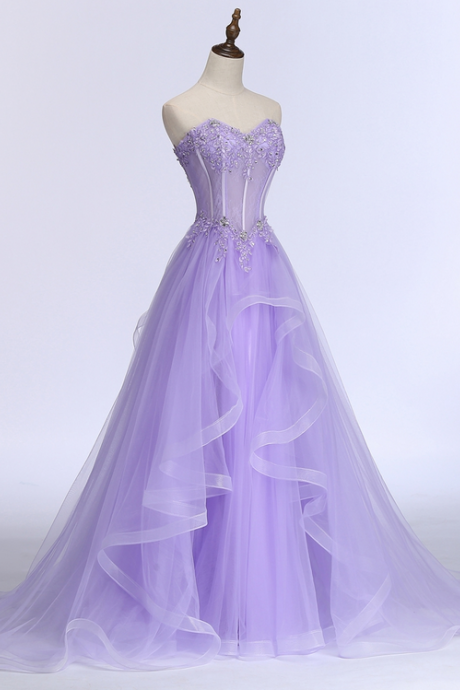 P1533 Sweet Banquet Lilac Lace Tulle Prom Dress, Long Evening Dress