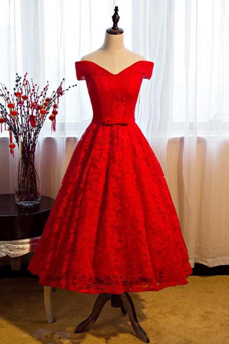 H1542 Tea Length Lace Red A Line Formal Dresses, Featuring Off The Shoulder And Lace-up Back