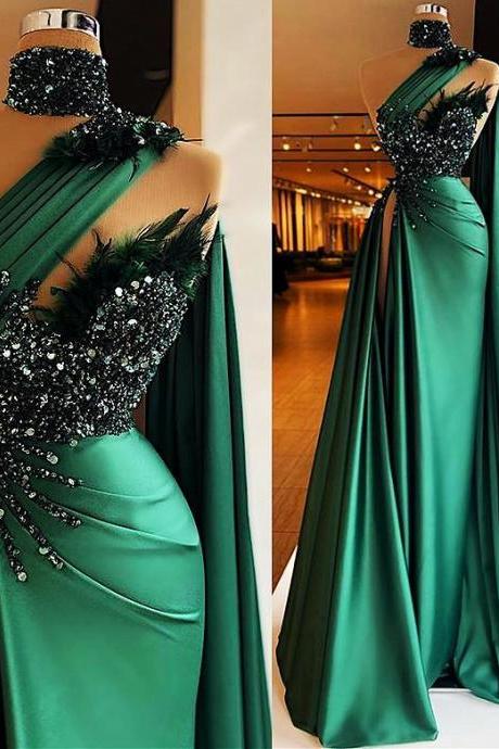 P1548 Green Prom Dresses, Feather Prom Dresses, Sashes Prom Dresses, Sequins Evening Dresses, Satin Evening Dresses, Satin Evening Dresses,