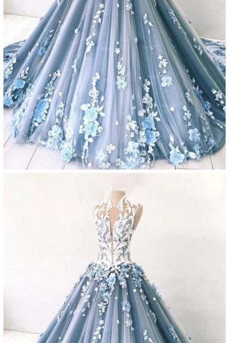 P1553 Unique High Neck Tulle Lace Long Prom Dress Blue Tulle Lace Evening Dress