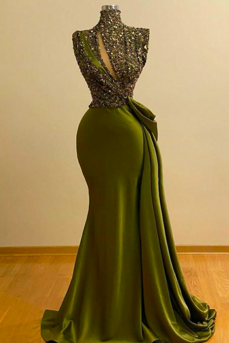 P1558 High Neck Vintage Evening Dresses Long Sparkly Vintage Elegant Evening Gowns Vestidos De Fiesta Vestido De Longo