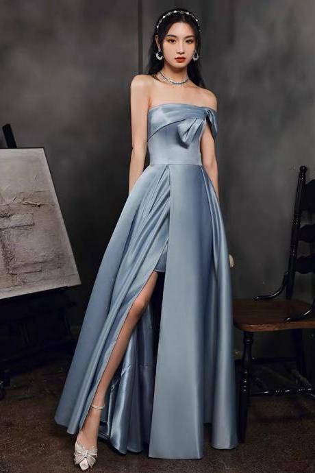 P1565 Off Shoulder Evening Dress With Pocket, Noble And Elegant, Satin Light Blue, High Quality. Split Evening Dress,custom Made