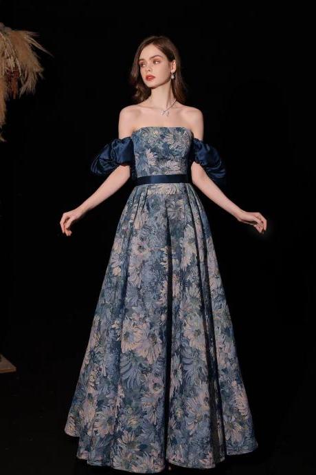 P1567 Texture Princess Court Dress, Oil Painting Style Blue Evening Dress