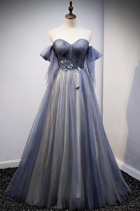 P1571 Blue Tulle Long A Line Prom Dress Blue Evening Dress