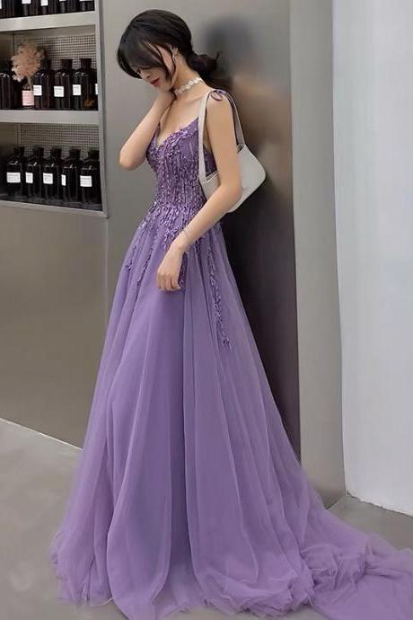 P1572 Purple Lace Long Prom Dress A Line Evening Gown