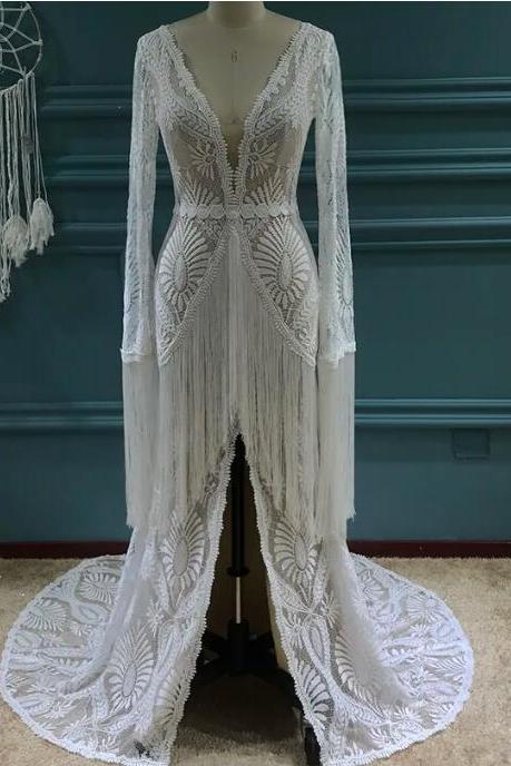 W1574 2023 Unique Bride Wedding Dress Tassel Lace Fringe Boho Sleeves Bohemian Bridal Gowns
