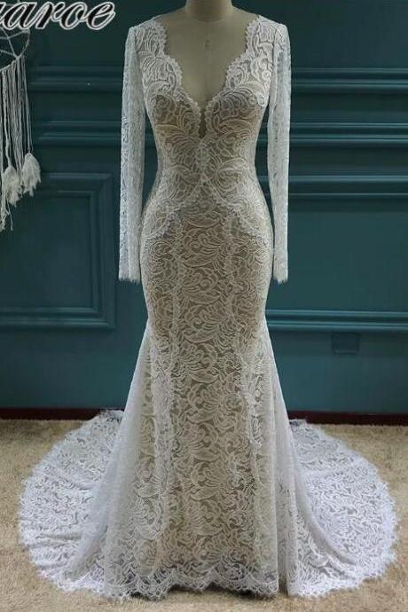 W1580 2023 Stretch Lace Long Sleeves Mermaid Wedding Dress Flexible Boho Bridal Gowns