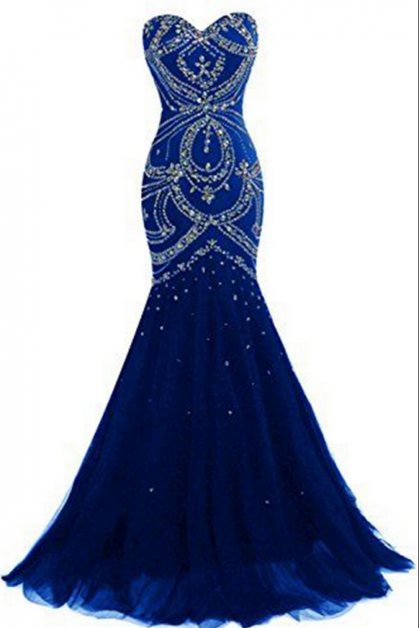P1584,navy Blue Tulle Prom Dresses, Sweetheart Sequins Beaded Backless Mermaid Long Prom Dresses, Evening Dresses