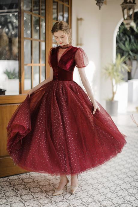P1587 Elegant A Line Short Prom Dress Burgundy Evening Dress