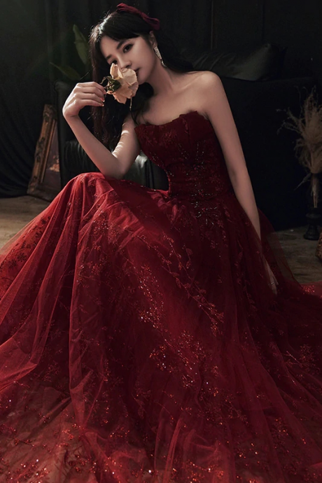 P1589 Wine Red Floral Lace And Tulle Long Evening Gown Party Dress, Burgundy Formal Dresses