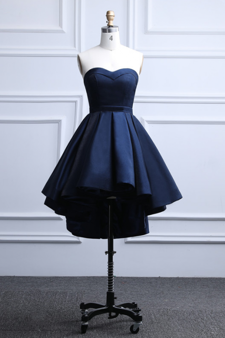 P1590 Blue Satin High Low Evening Party Dress Short Sweetheart Formal Prom Dress
