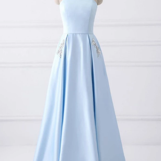 Light Blue A Line Floor Length Strapless Prom Dress,Charming Sleeveless ...