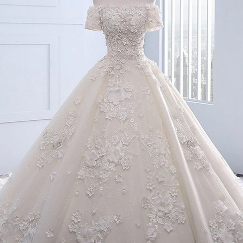 Ivory strapless sweep train off shoulder lace wedding dress with sleeves,W1429