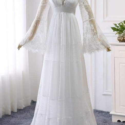 W1491 Empire Waist Long Sleeve Lace Tulle Wedding Dress
