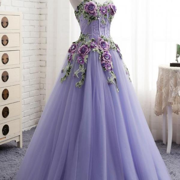 P1530 A-Line Purple Tulle Embroidery Appliques Sweetheart Neck Prom Dress