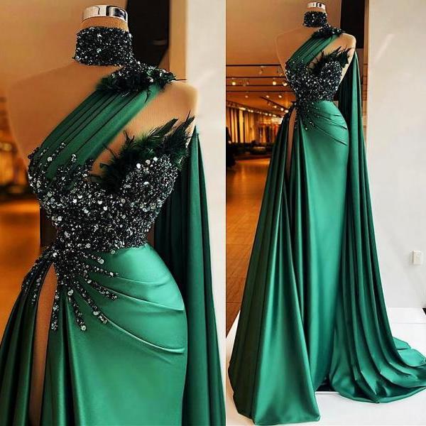 P1548 Green Prom Dresses, Feather Prom Dresses, Sashes Prom Dresses, Sequins Evening Dresses, Satin Evening Dresses, Satin Evening Dresses, Arabic Prom