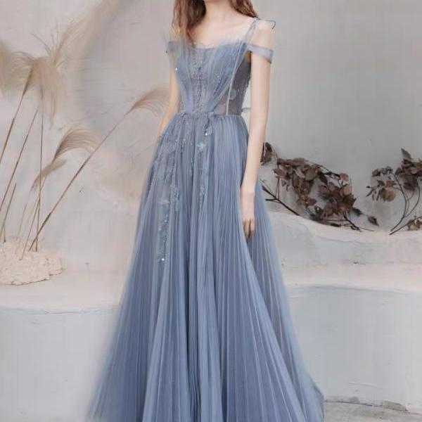 P1561 Blue Evening Dress, Off Shoulder Fairy Dress, Light Luxury Socialite Dress,custom Made