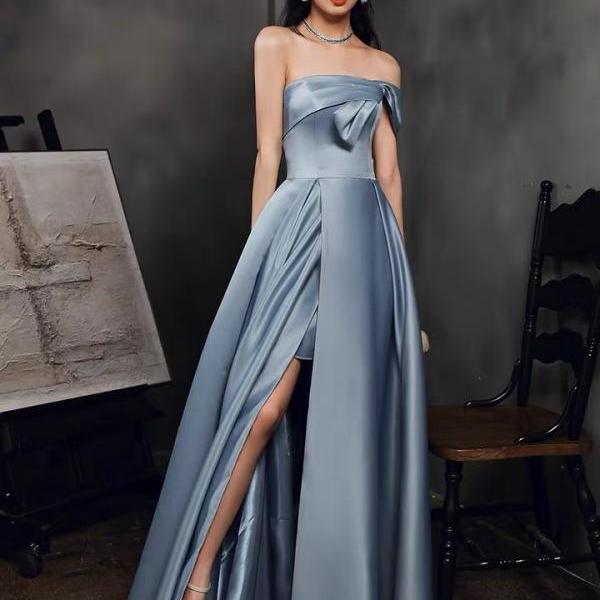 P1565 Off Shoulder Evening Dress With Pocket, Noble And Elegant, Satin Light Blue, High Quality. Split Evening Dress,custom Made