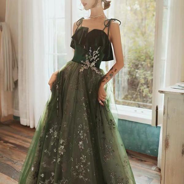 P1566 Fairy Prom Dress, Green Dream Dress, Halter Regal Dress