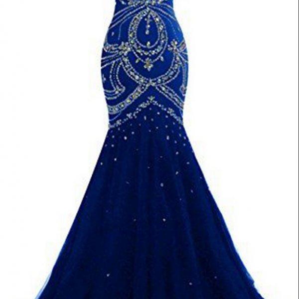 P1584,Navy Blue Tulle Prom Dresses, Sweetheart Sequins Beaded Backless Mermaid Long Prom Dresses, Evening Dresses