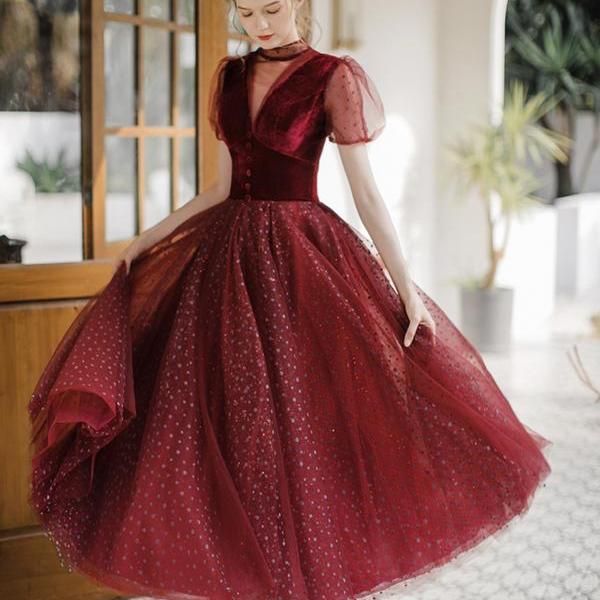 P1587 Elegant A Line Short Prom Dress Burgundy Evening Dress