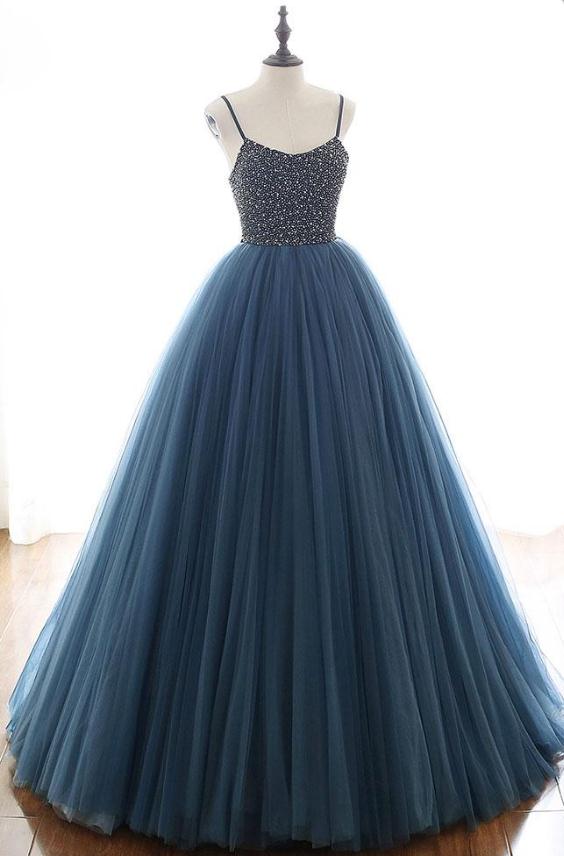 Charming Tulle Spaghetti Straps Beaded Sequins Formal Prom Dresses ...